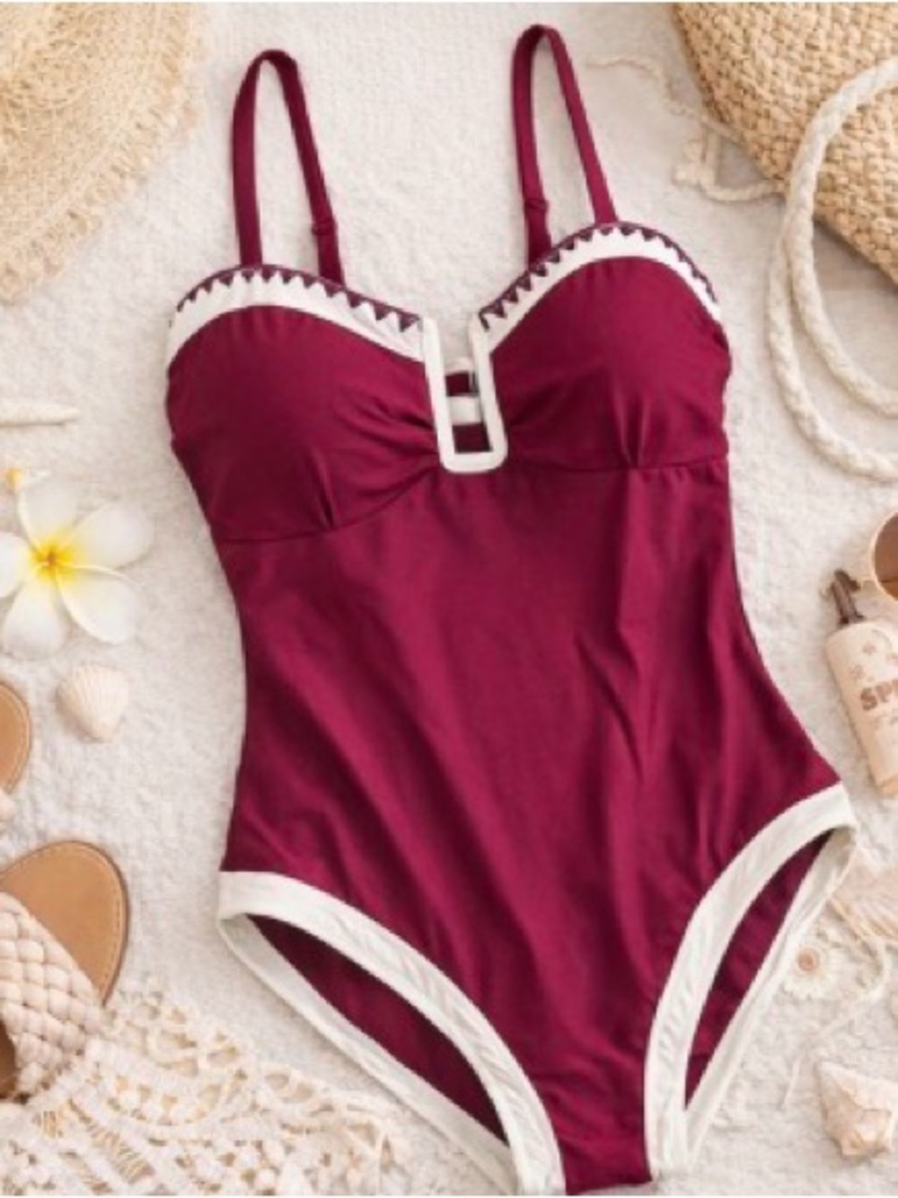 Cupshe Burgundy & Cream One Piece Swimsuit Size Large Contrast Trim - Picture 6 of 7